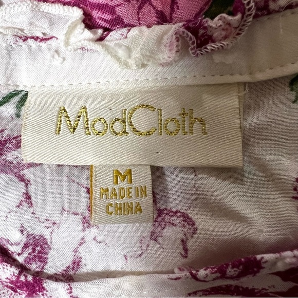 MODCLOTH Floral Blouse Swiss Dot White Pink Tie Front Long Sleeve Size Medium - Picture 6 of 9